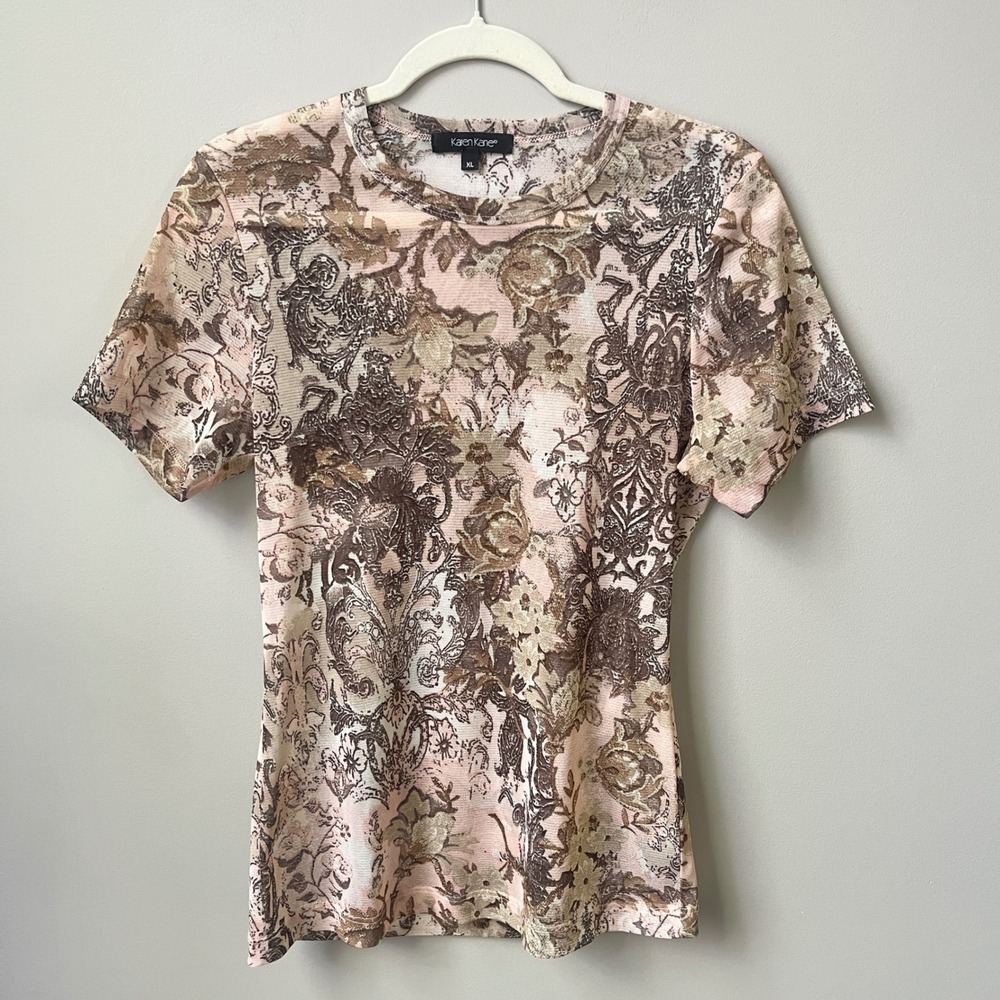 Vintage Karen Kane Top Women's XL Damask Floral Pink Brown Mesh Fited Stretchy